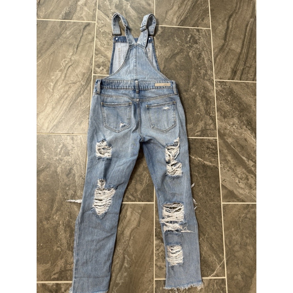 Cello Womens XS Ripped Denim Bib Overalls Light Wash Frayed Hem Distressed Jeans - Picture 10 of 15